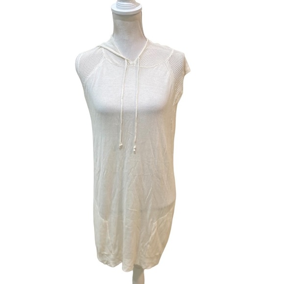 NWT Lusso lightweight sleeveless hoodie ivory tunic length hand pockets large - Picture 2 of 11